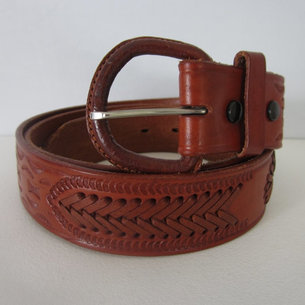New Unbranded Mens 42" Brown Hand Tooled Woven Leather Belt Southwestern Western
